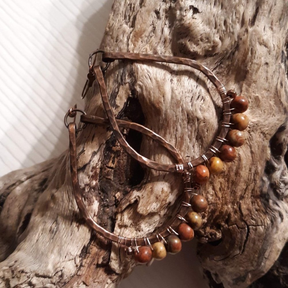 Handmade Hammered Oxidized Bead Wrapped Copper Teardrop Hoop Earrings Hoops